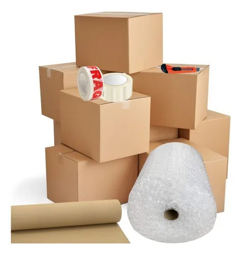 10 cajas de carton+plastico burbuja+cinta adhesiva+papel kraft